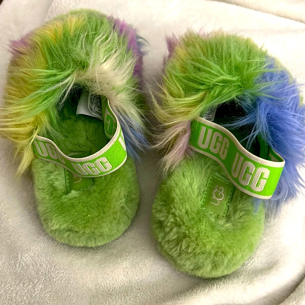 UGG K Fluff Yeah Slides Size 13. Comes with Box. Apple Green(Multi-color). Worn